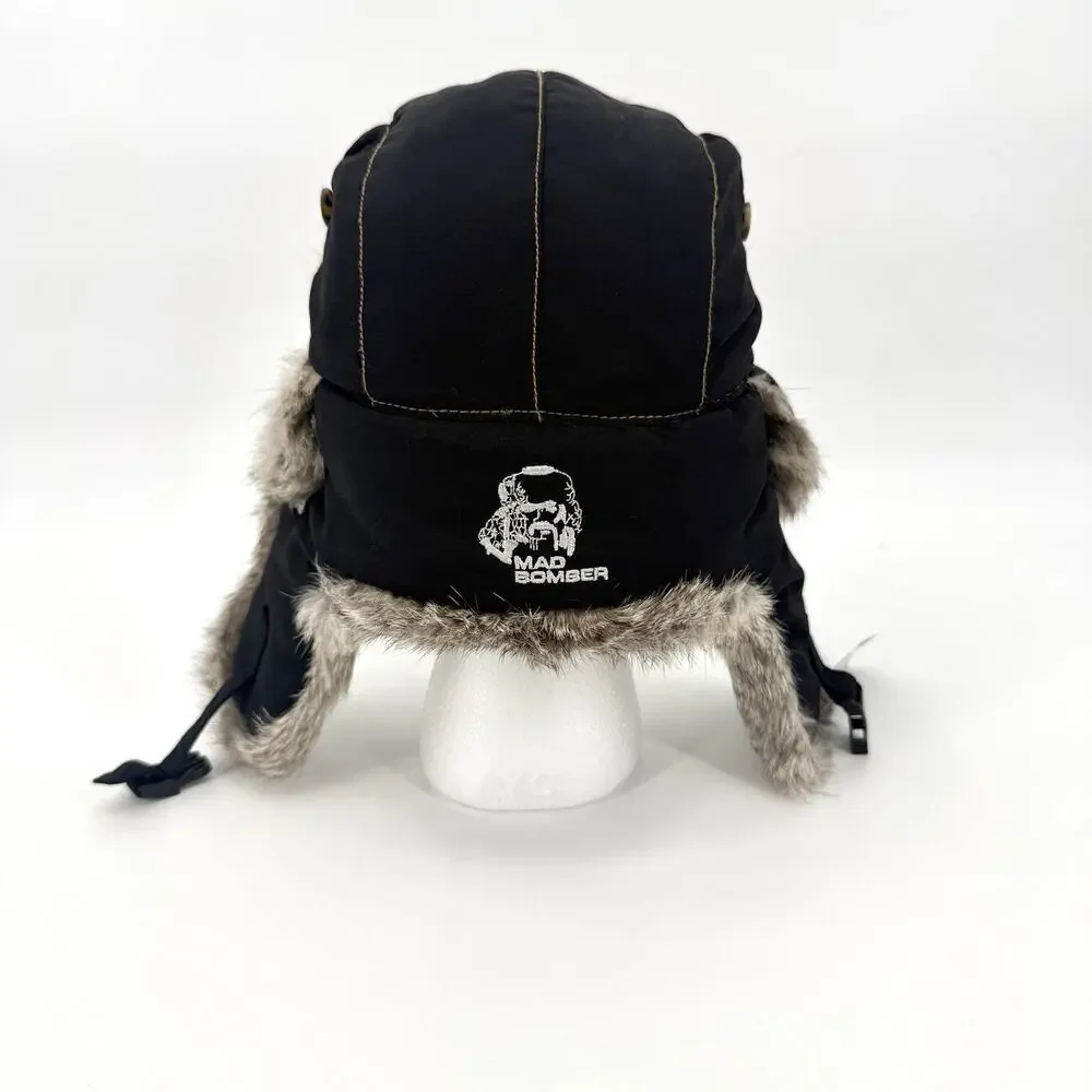 Mad Bomber Trapper Hat Rabbit Fur Trim Aviator Hat Kids Size Medium Black